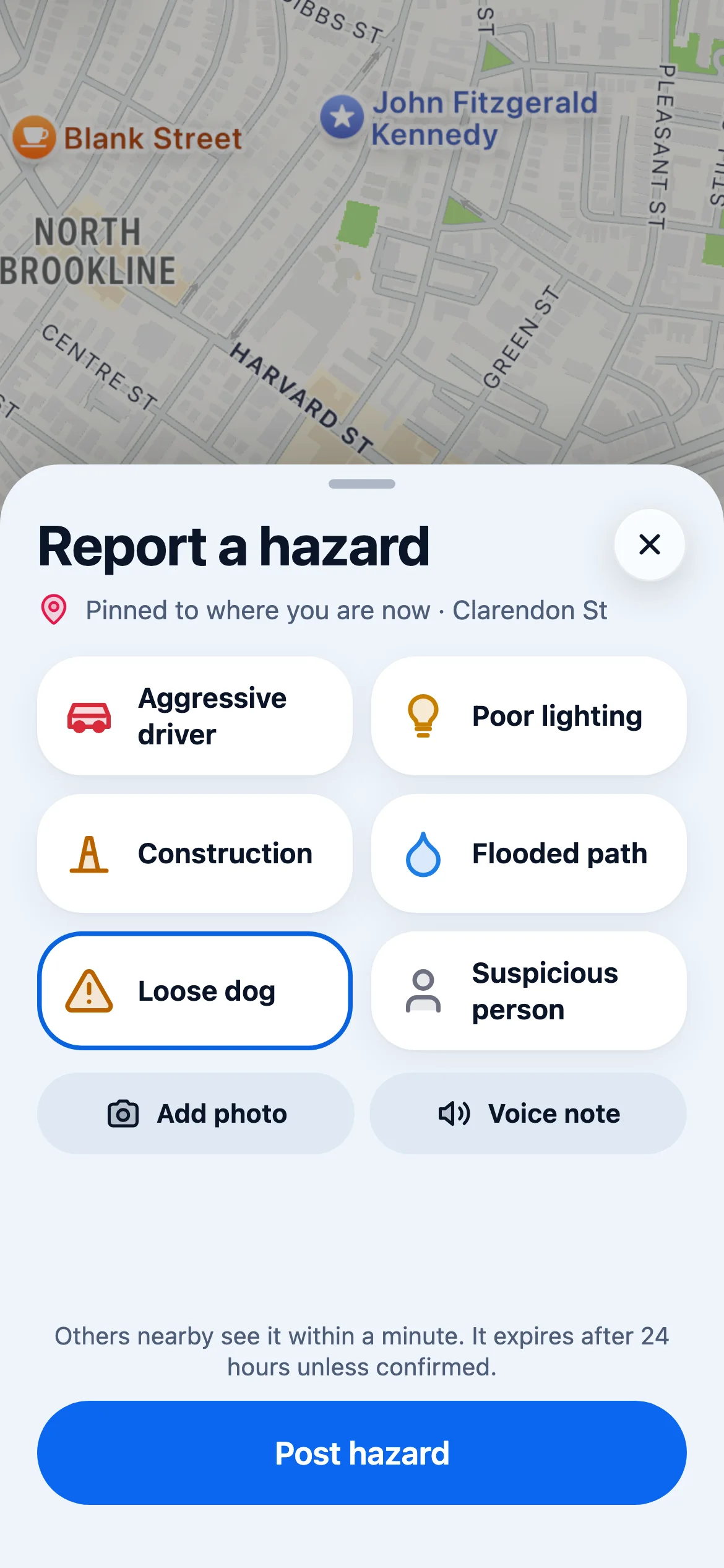 Report a hazard: aggressive driver, poor lighting, construction, flooded path, loose dog or suspicious person, pinned where you are.