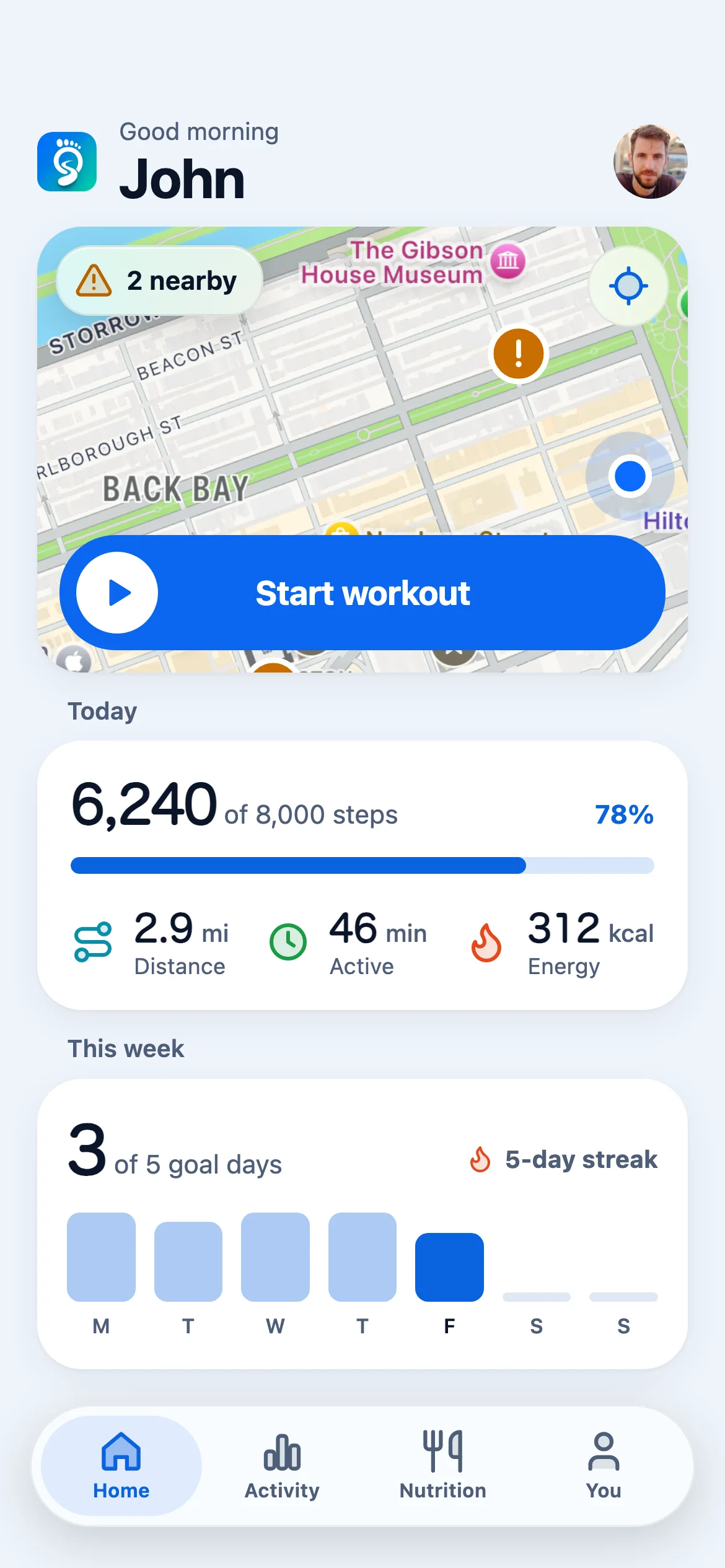 Home: a map with hazards nearby and a Start workout button, 6,240 of 8,000 steps, and this week against the step goal.