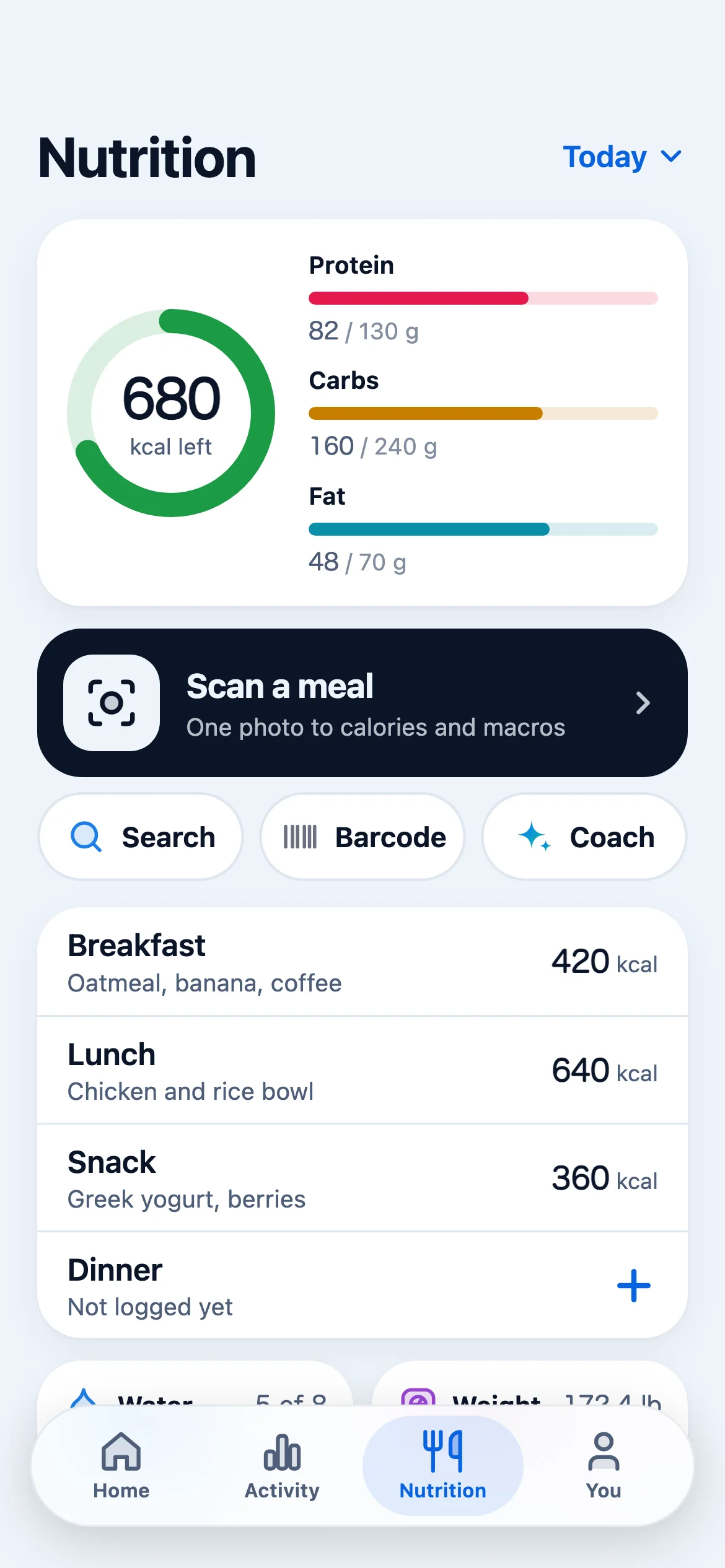 Nutrition: 680 calories left with protein, carbs and fat, a meal scanner, and the meals logged today.