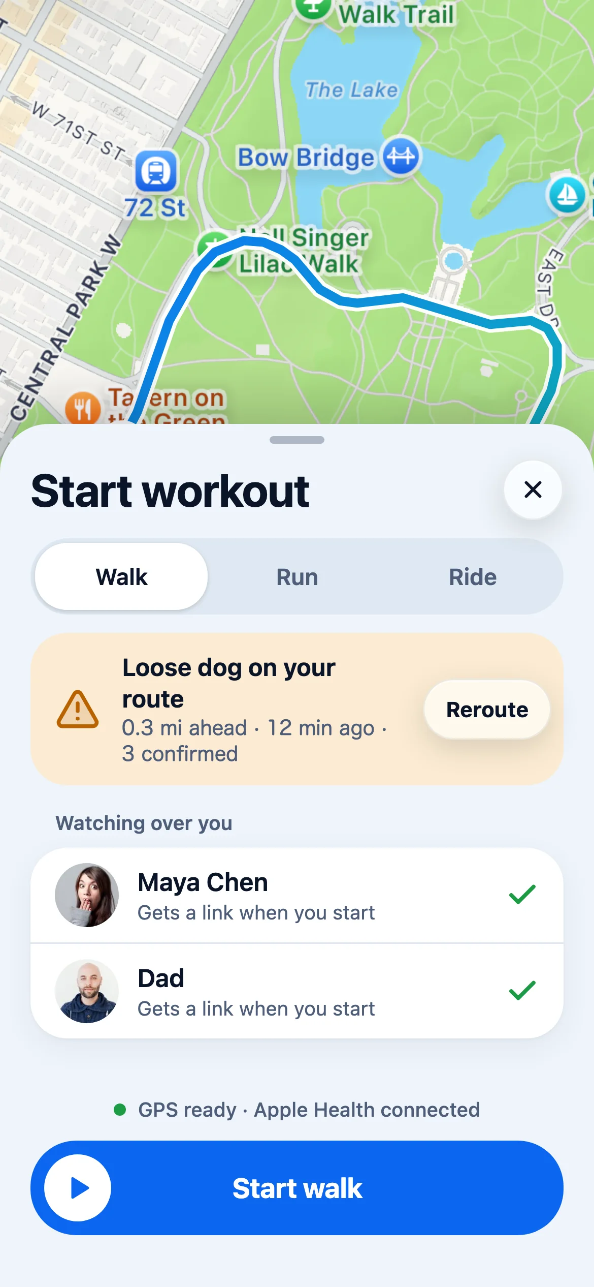 Start workout: walk, run or ride, a loose dog on the route with a reroute option, and the contacts who get a link when you start.